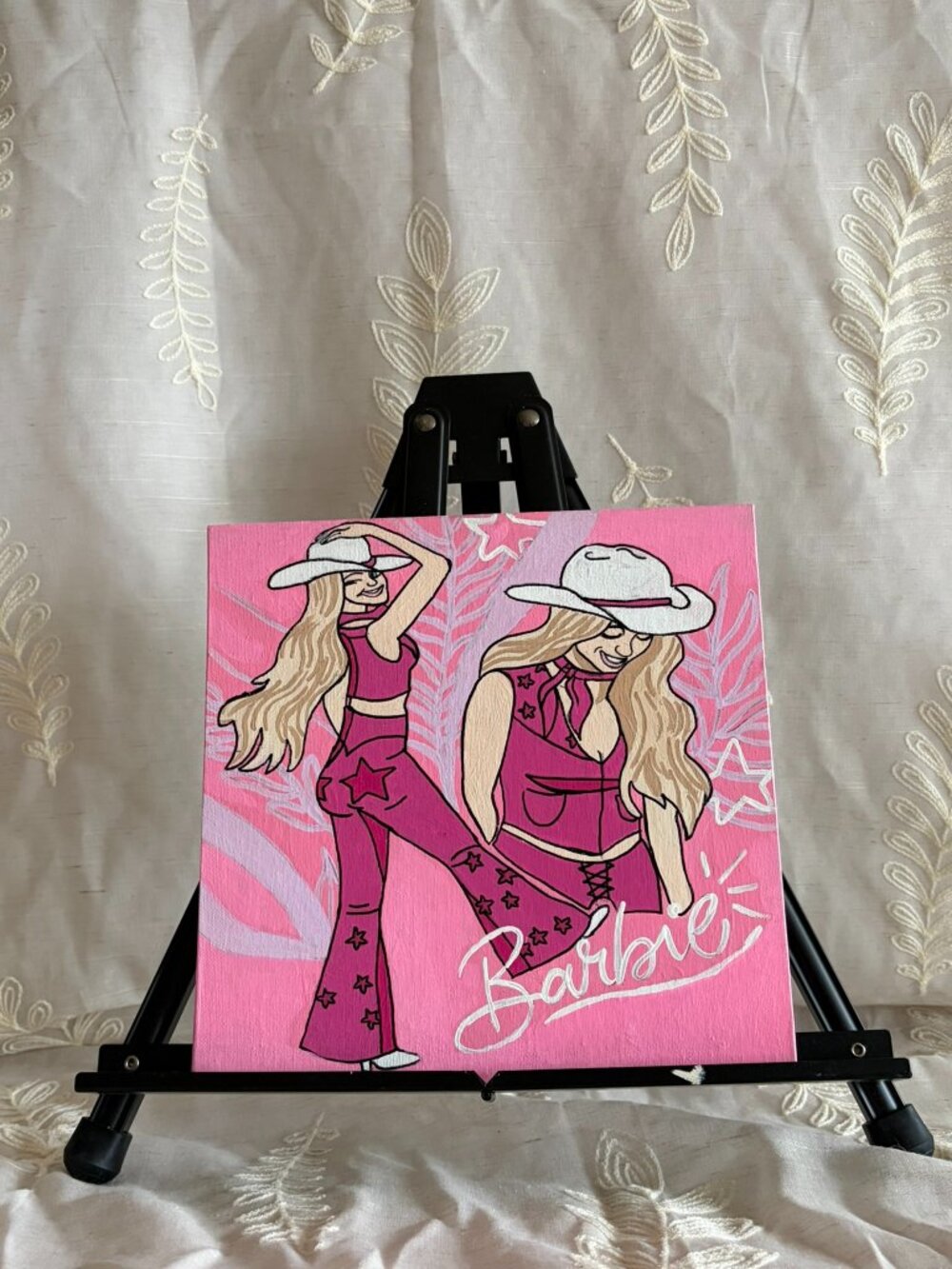 Hand Painted Cowgirl Barbie Inspired Pink Canvas 10x10
